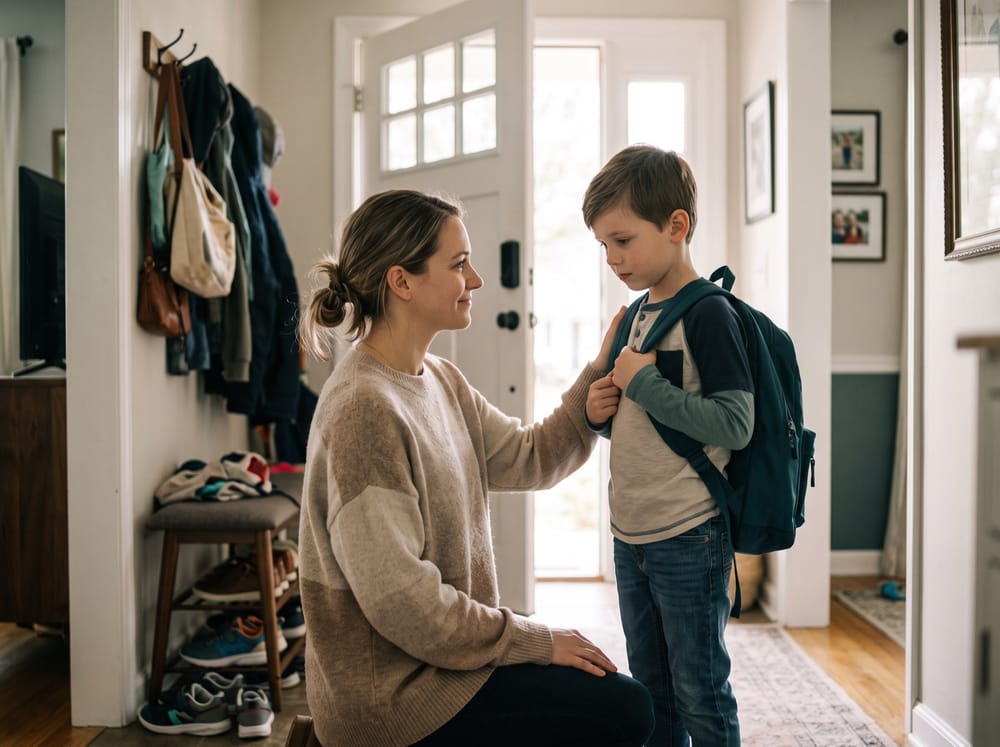 A parent kneels at eye level beside a hesitant child wearing a backpack at the front door on a school morning.