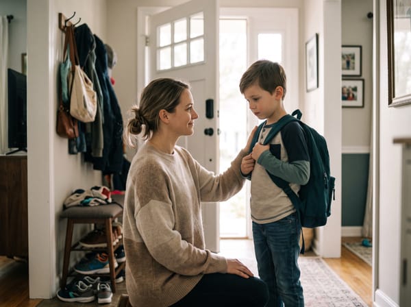 A parent kneels at eye level beside a hesitant child wearing a backpack at the front door on a school morning.