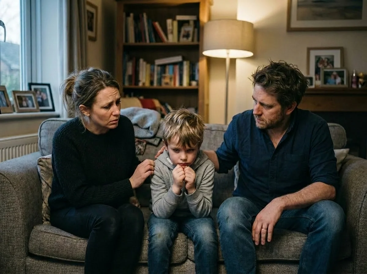 Worried parents sitting with their child, representing the challenges families face