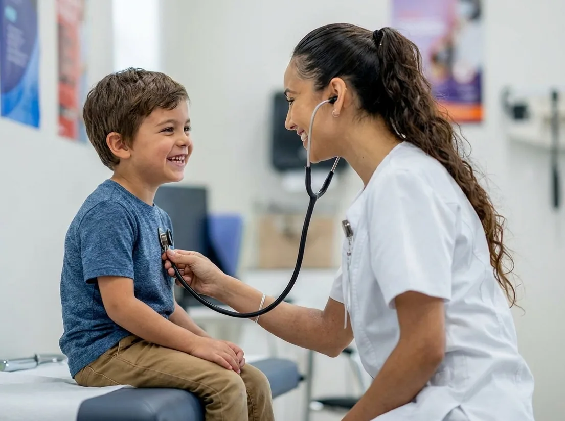 Pediatrician examining a smiling young child with a stethoscope